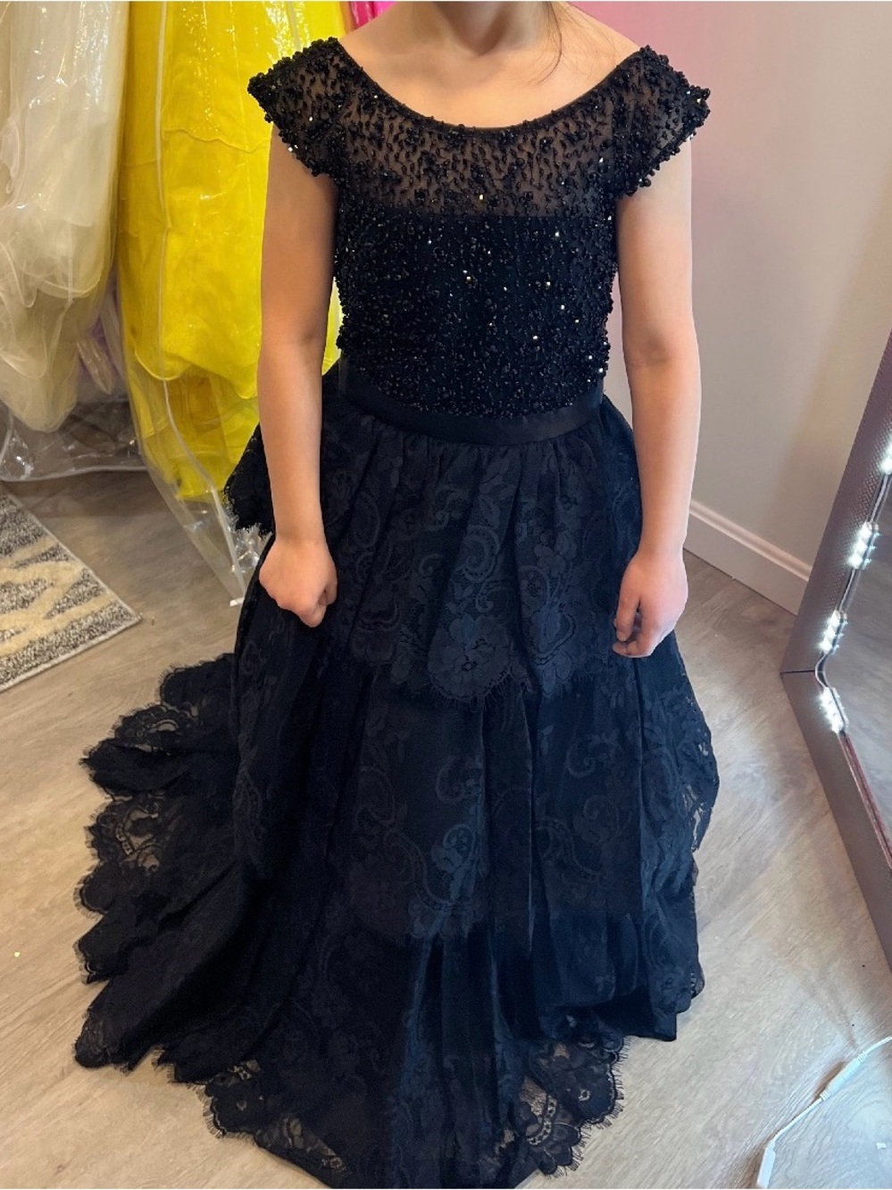 Sherri Hill Girls Black Beaded Lace Tulle Occasion Dress